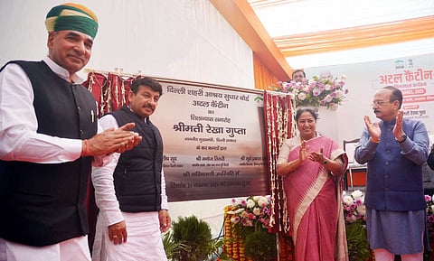 CM Rekha Gupta, MP Manoj Tiwari, Minister Ashish Sood, and MLA Surya Prakash Khatri during the foundation-laying ceremony  of Atal Canteen that will offer meals at Rs 5 on Friday.