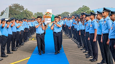 Mortal remains of Wing Commander Namansh Syal, who lost his life in the LCA Tejas crash during the Dubai Air Show on Friday.