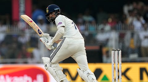 India's KL Rahul plays a shot on the second day of the second cricket test match between India and South Africa in Guwahati, India, Saturday, Nov. 22, 2025. 