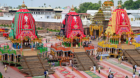 The chariots of Lord Jagannath, Balabhadra, and Devi Subhadra are prepared for the annual Rath Yatra festival.