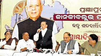 Members of Janaki Ballav Birth Centenary Committee addressing mediapersons in Bhubaneswar 