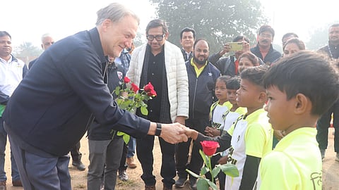 Dietmar 'Didi' Beiersdorfer being greeted by kids in Vicharpur. (Photo | Special arrangement)