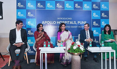 (From left to right) Dr Madhu Sasidhar, Dr Suneeta Reddy, Dr Preetha Reddy, Mr Arunesh Punetha and Dr Manisha Karmarkar at a press conference to announce the unveiling of Apollo Pune. (Photo | Special arrangement)