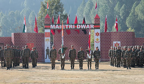 Soldiers of the Indian Army and Nepalese Army during the launch of Exercise Surya Kiran. (Photo | Ministry of Defence)
