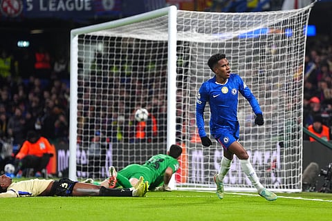 Chelsea's Estevao, right, celebrates after scoring his side's second goal during the Champions League opening phase soccer match between Chelsea and Barcelona in London, England, Tuesday, Nov. 25, 2025.