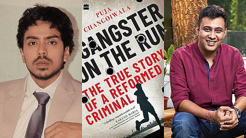 (from left) Adarsh Gourav, cover of book Gangster on the Run and Prosit Roy