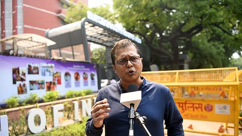 Trinamool Congress MP Saket Gokhale speaks to the media outside the office of the Election Commission of India in New Delhi.