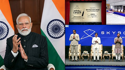 In this image received on Nov. 27, 2025, Prime Minister Narendra Modi during the virtual inauguration of Indian space startup Skyroot's Infinity Campus and unveiling of the company's first orbital rocket, Vikram-I.