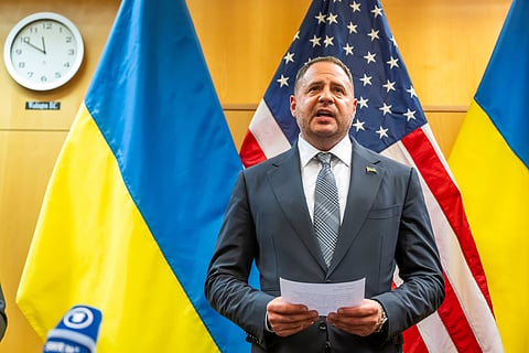 Head of the Office of the President of Ukraine Andriy Yermak talks to the press at the U.S. Mission to International Organizations in Geneva.