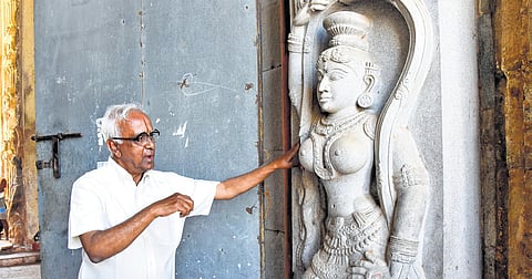 Jayabal explaining the  works underway at Pundarikakshan Perumal Temple
