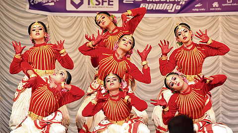 Students of Kadayiruppu GHSS during their group dance performance 