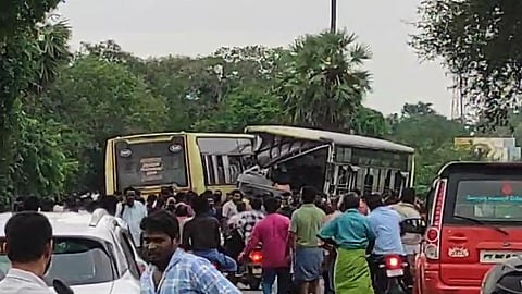 According to sources, the buses --one travelling from Kangeyam in Tiruppur to Karaikudi, and the other from Karaikudi in Sivaganga to Dindigul-- had a head-on collision around 5 pm.