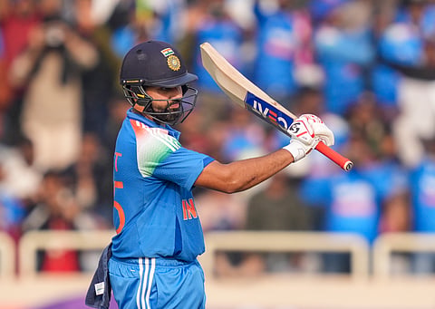 India's Rohit Sharma celebrates his half-century during the first ODI cricket match of a series between India and South Africa, at JSCA International Stadium Complex, in Ranchi, Jharkhand, Sunday, Nov. 30, 2025. 