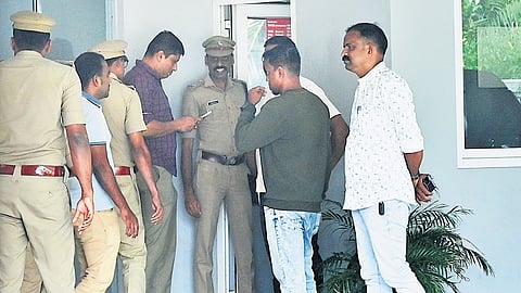 Kerala Police Special Investigation Team (SIT) during a search of MLA Rahul Mamkootathil’s apartment in Palakkad on Sunday 