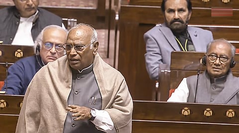 LoP in the Rajya Sabha Mallikarjun Kharge speaks in the House during the Winter session of Parliament, in New Delhi, Monday, Dec. 1, 2025. 