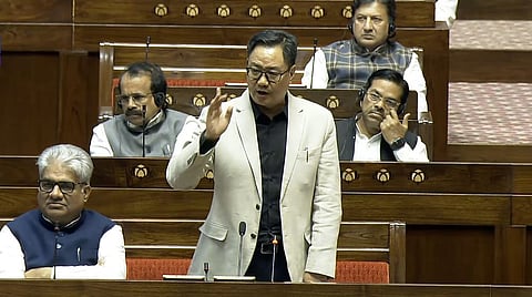 Parliamentary Affairs Minister Kiren Rijiju speaks during the first day of the Winter session of Parliament. 