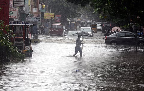 Waterlogged Bazaar Road at Saidapet due to rain in Chennai. 