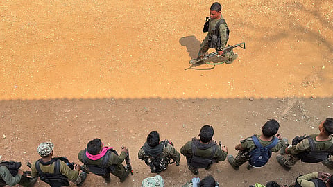 District Reserve Guard personnel taking part in a simulation exercise at their base in Dantewada in Bastar division Chhattisgarh.  