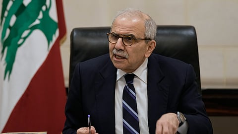 Lebanese Prime Minister Nawaf Salam speaks to journalists working for foreign media and news agencies at the government palace in Beirut, Wednesday. 