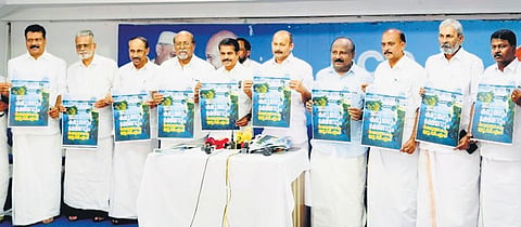 UDF convenor Adoor Prakash releasing the UDF election manifesto at the DCC office on Wednesday