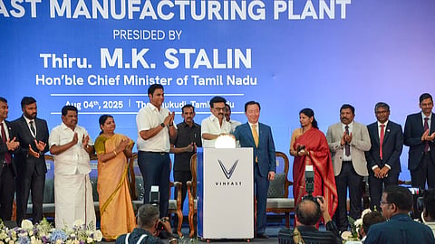 CM Stalin attending the inauguration of the e-vehicle major VinFast's manufacturing plant in Thoothukudi.