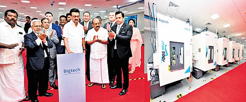 Chief Minister M K Stalin inaugurates US-based Corning’s new manufacturing unit at Kancheepuram on Friday; (right) machines installed at the facility 