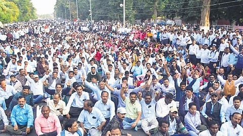 Agitating primary teachers at Mahatma Gandhi Marg in Bhubaneswar. 