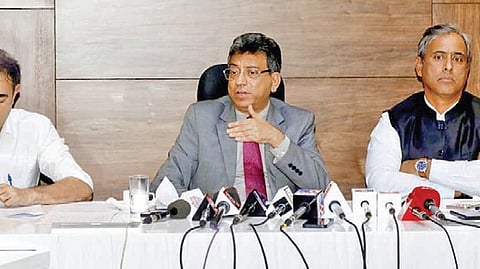 Additional Chief Secretary Tushar Girinath with GBA Chief Commissioner Maheshwar Rao and Special Commissioner Munish Moudgil in Bengaluru on Saturday 