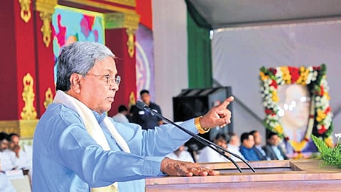 Chief Minister Siddaramaiah addresses a gathering in Hassan on Saturday  