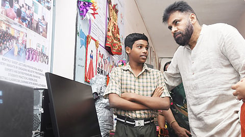 Deputy CM Pawan Kalyan during Mega Parent Teacher meeting at Sarada ZP High School in Chilakaluripet on Friday. 