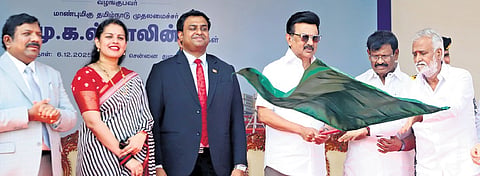 CM M K Stalin with SL’s Deputy Consul General Ganesanathan Geathiswaran during the event at the Chennai Port on Saturday 