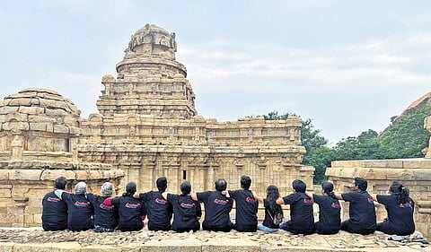 Members of Vasipai Nesipom at the Narthamalai Temple in Pudukkottai district, as part of the group’s reading tour 
