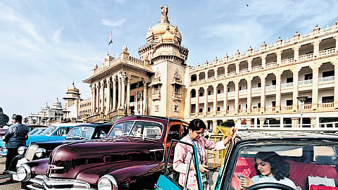 Vintage vehicles displayed to create awareness, near Vidhana Soudha, in Bengaluru on Sunday 