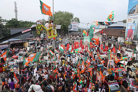 Workers of various political parties transform Peroorkada in Thiruvananthapuram into a sea of flags, colours, and slogans during the grand finale 'Kottikkalasam' on Sunday. 