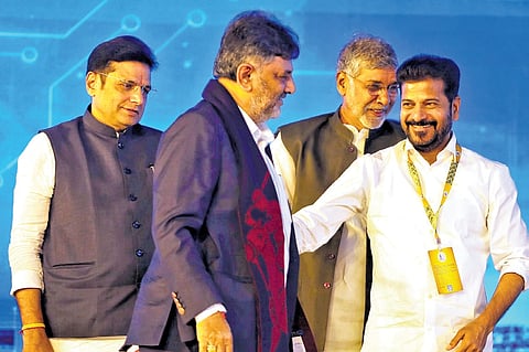 Chief Minister A Revanth Reddy with Karnataka Deputy Chief Minister DK Shivakumar during the Telangana Rising Global Summit in Future City 