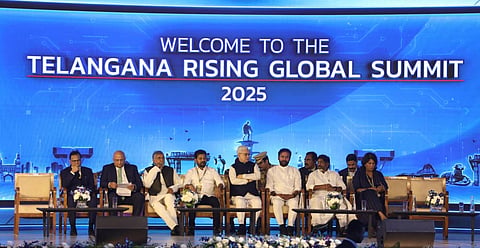 Nobel Peace Prize Laureate Kailash Satyarthi, Telangana Governor Jishnu Dev Varma, Chief Minister A Revanth Reddy and other dignitaries during the Telangana Rising Global Summit at Future City in Hyderabad on Monday. 