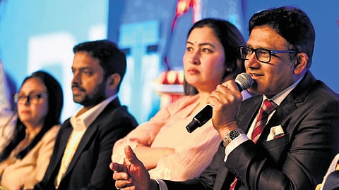 Former India cricket captain Anil Kumble speaks  during the Telangana Rising Global Summit in Future City, Hyderabad on Tuesday.