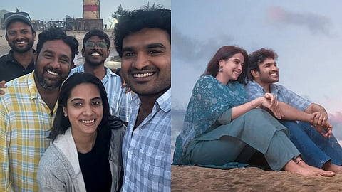 L - Kiran Abbavaram, Sri Gouri Priya and the team behind Chennai love Story; R - The first poster from the film