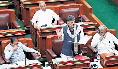 Deputy Chief Minister DK Shivakumar speaks during the Assembly session at Suvarna Vidhana Soudha in Belagavi on Tuesday