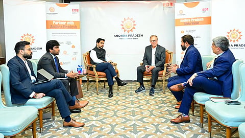Minister for IT Nara Lokesh during meeting with Creativeland founder Sajan Raj Kurup in USA on Tuesday. 