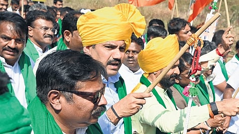 BJP leaders, led by state unit president BY Vijayendra, march towards Suvarna Vidhana Soudha in Belagavi on Tuesday 