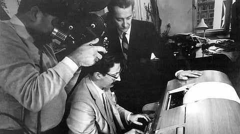 Professor  Joseph Weizenbaum being clicked using the Eliza chatbot at the Massachusetts Institute of Technology, Cambridge, Massachusetts