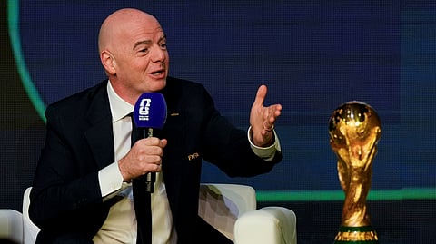 FIFA President Gianni Infantino speaks during the match schedule reveal for the 2026 soccer World Cup in Washington, Saturday, Dec. 6, 2025. 