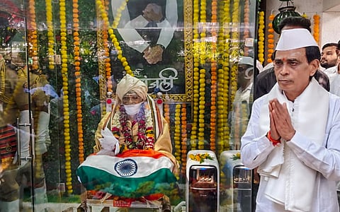Former union home minister Shivraj Patil's son Shailesh Patil during a tribute ceremony, a day after the former passed away, at their residence in Latur, Maharashtra, Saturday, Dec. 13, 2025. 