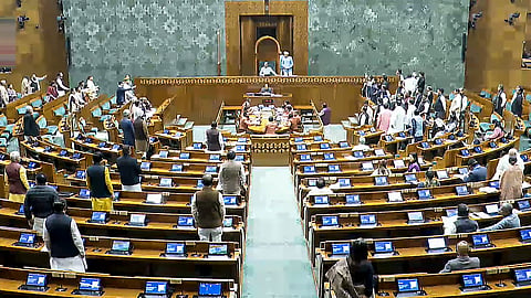 Lok Sabha Speaker Om Birla conducts the proceedings in the House during the Winter session of Parliament, in New Delhi, Monday, December 15, 2025.