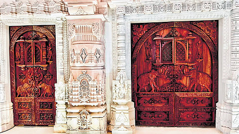 A front view of the door crafted and installed by Hyderabad-based Anuradha Timber International for the Ram temple in Ayodhya. 
