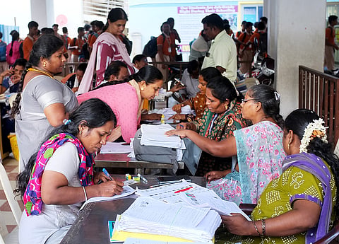 BLO officers seen attending public at a help desk on SIR at everwin school at kolathur in chennai 