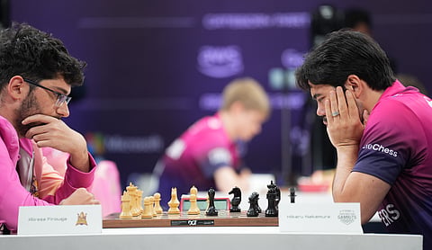 Hikaru Nakamura (R) during his match against Alireza Firouzja in the ongoing Global Chess League in Mumbai on Tuesday