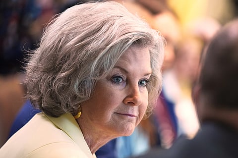 White House Chief of Staff Susie Wiles listens during a cabinet meeting at the White House, April 30, 2025, in Washington. 