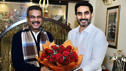 Minister for IT Nara Lokesh met union education minister Dharmendra Pradhan on Monday. 
